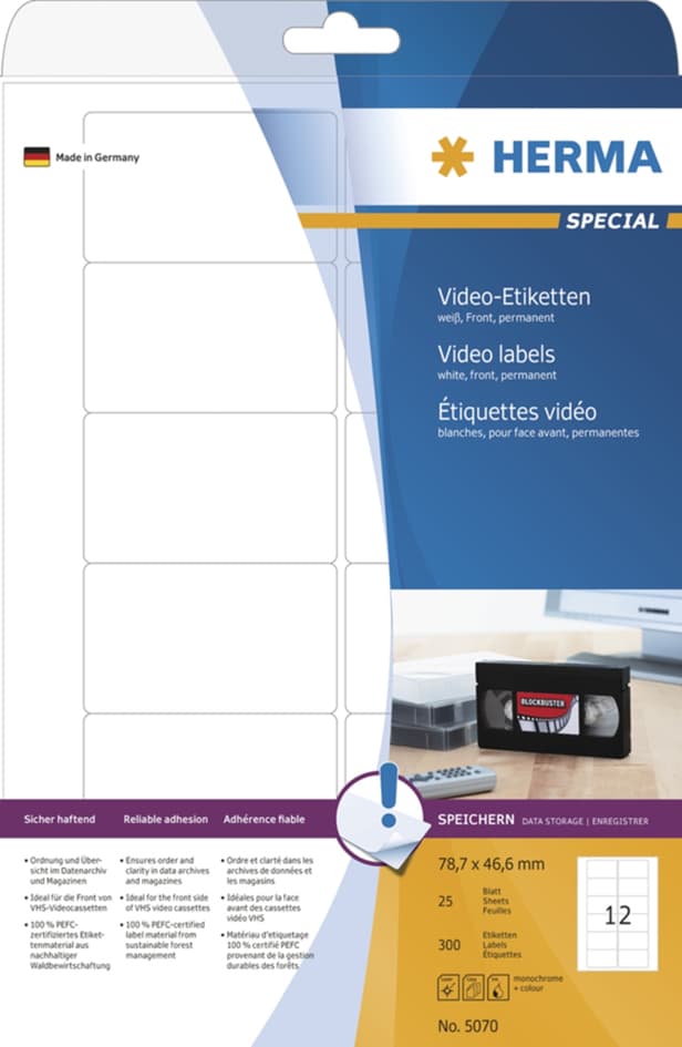 Herma Video-Etiketten Special, 147,3 X 20 Mm, Weiß