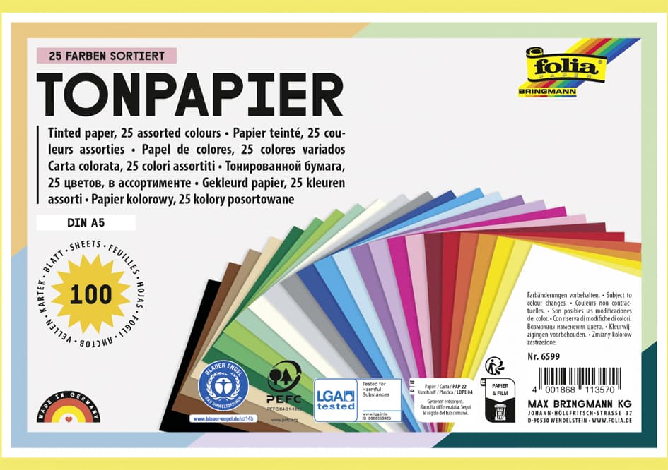 Folia Tonpapier, Din A5, 130 G/Qm, 25 Farben Sortiert