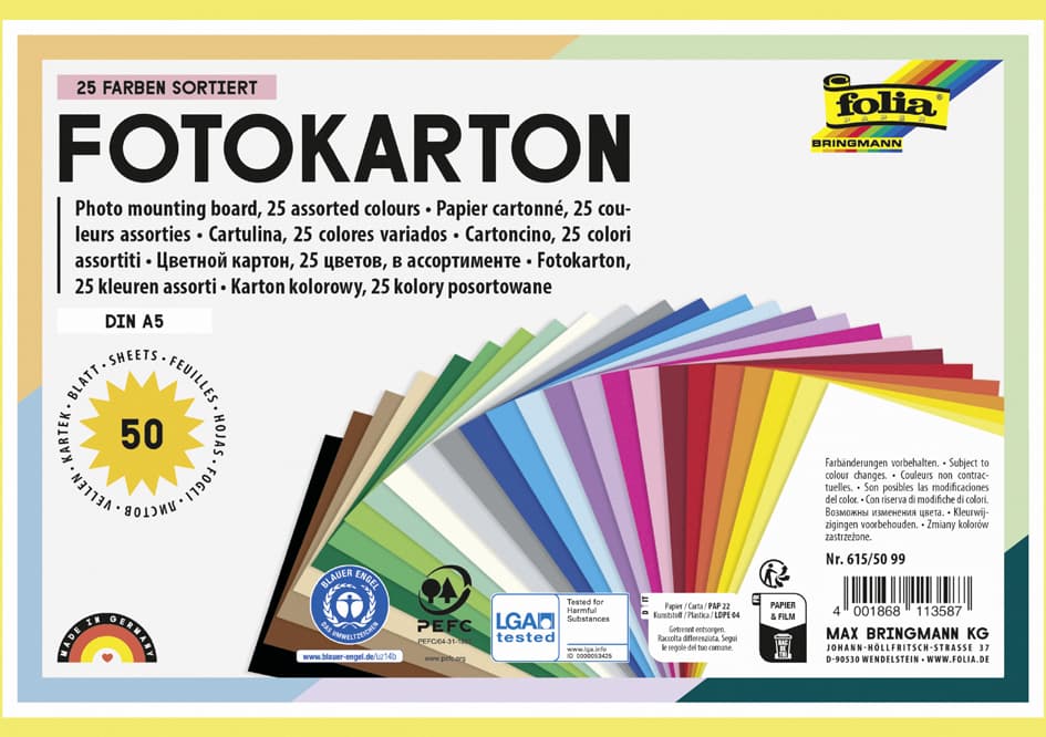 Folia Fotokarton, Din A5, 300 G/Qm, 25 Farben Sortiert