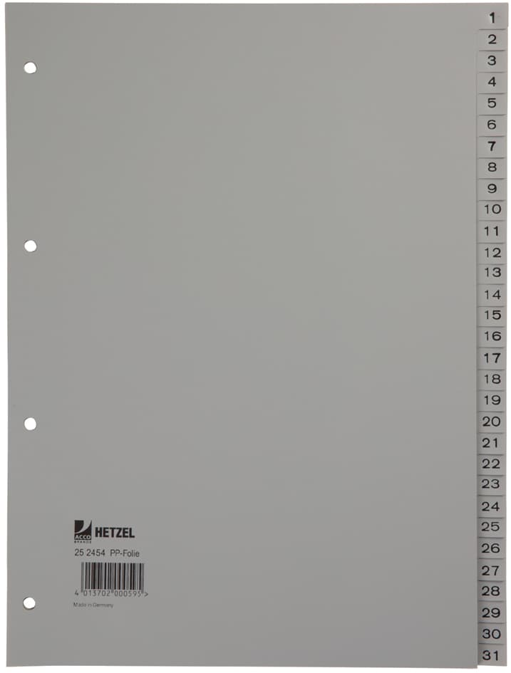 Hetzel Kunststoff-Register, Zahlen, A4, 1-31, Pp, Grau