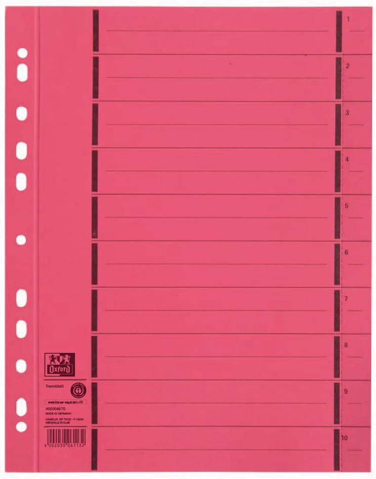 Oxford Trennblätter Mit Perforation, Din A4, Rot
