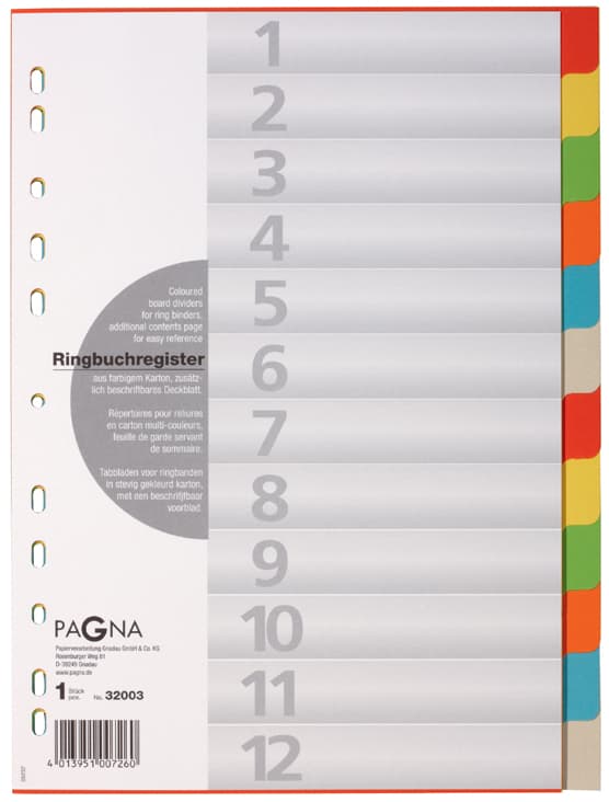 Pagna Karton-Register, Din A4, 12-Teilig, 12-Farbig