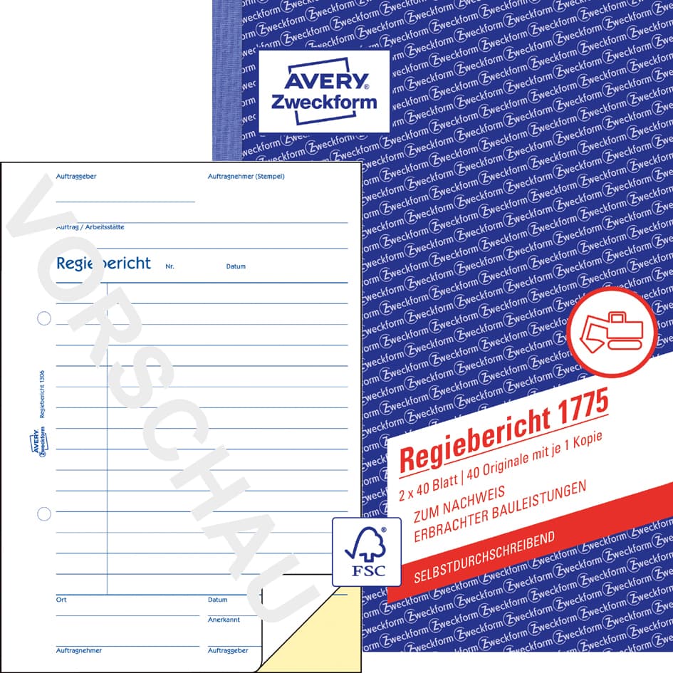 Avery Zweckform Formularbuch , Regiebericht, , 2 X 40 Blatt