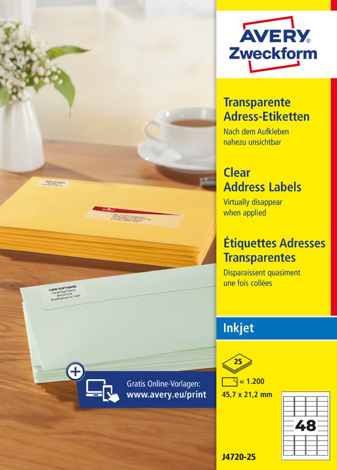 Avery Zweckform Transparente Adress-Etiketten, 45,7 X 21,2mm