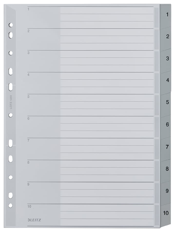 Leitz Kunststoff-Register, Zahlen, A4 Überbreite, 1-10, Grau