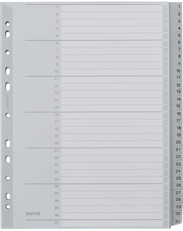 Leitz Kunststoff-Register, Zahlen, A4 Überbreite, 1-31, Grau