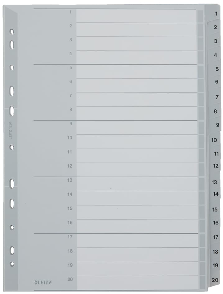 Leitz Kunststoff-Register, Zahlen, A4 Überbreite, 1-20, Grau