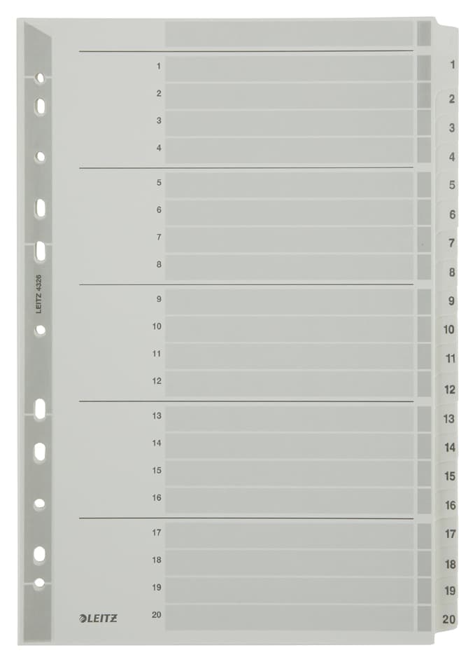 Leitz Mylarkarton-Register, Zahlen, A4, 1-20, 20-Teilig,Grau