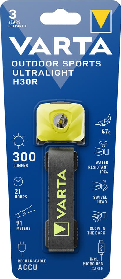Varta Kopflampe Outdoor Sports Ultralight H30r, Gelb