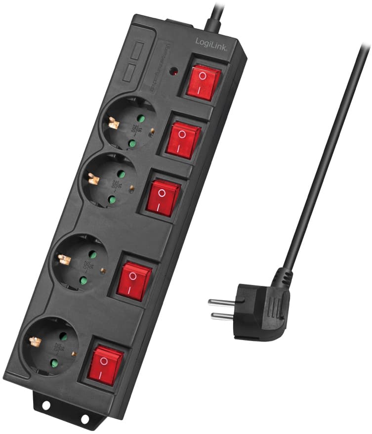 Logilink Steckdosenleiste, 4-Fach Mit 5 Schaltern, Schwarz