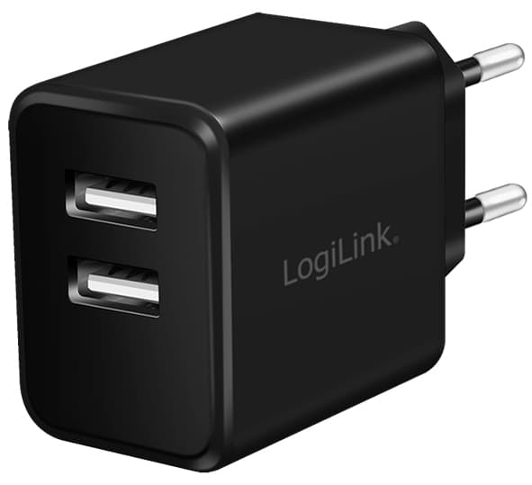 Logilink Usb-Steckdosenadapter, 2x Usb-A, 12 Watt, Schwarz