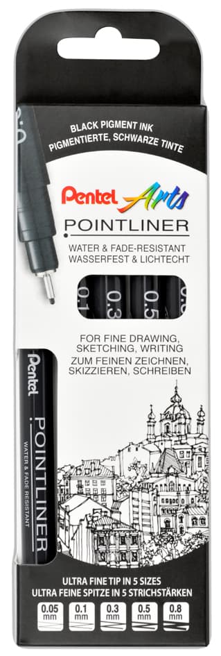 Pentelarts Permanent Fineliner Pointliner, Schwarz, 5er Set