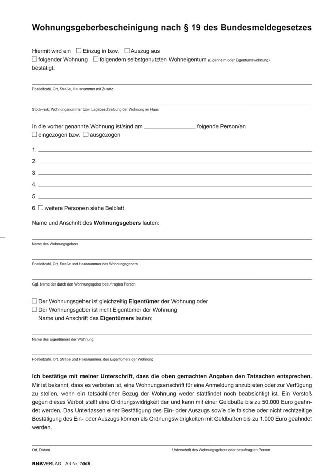 Rnk Verlag Vordruck , Wohnungsgeberbescheinigung, , Din A4