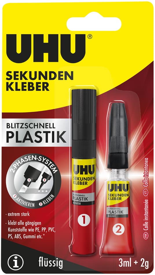 Uhu Sekundenkleber Blitzschnell Plastik, 3 Ml + 2 G