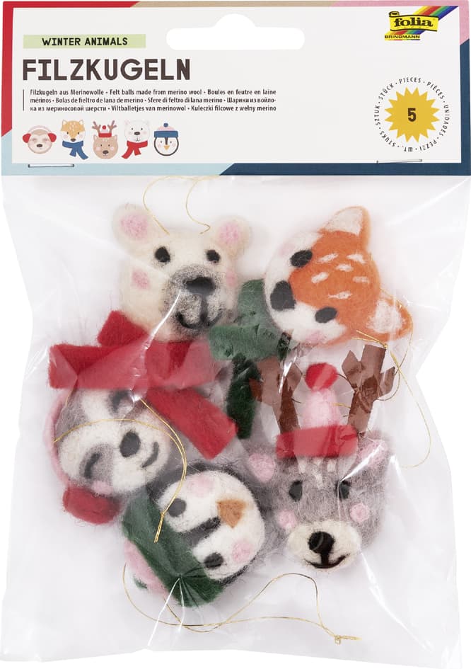 Folia Filzkugeln Winter Tiere, 5 Stück
