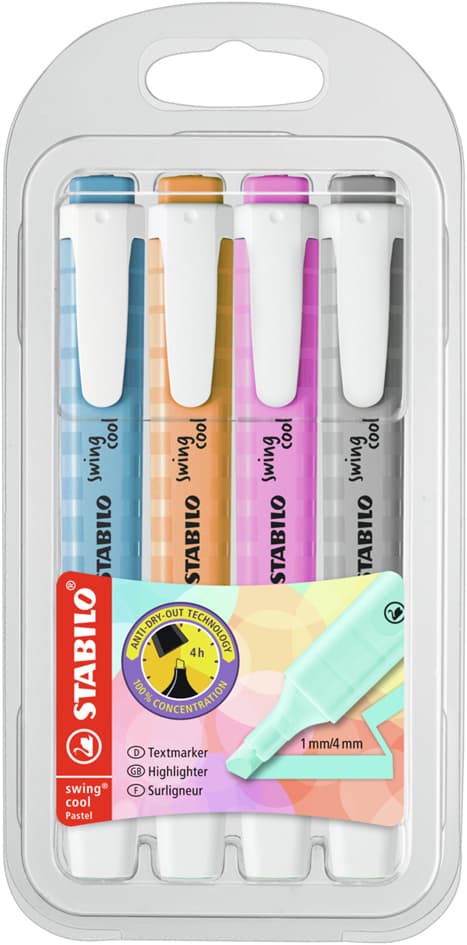 Stabilo Textmarker Swing Cool Pastel, 4er Pet-Etui