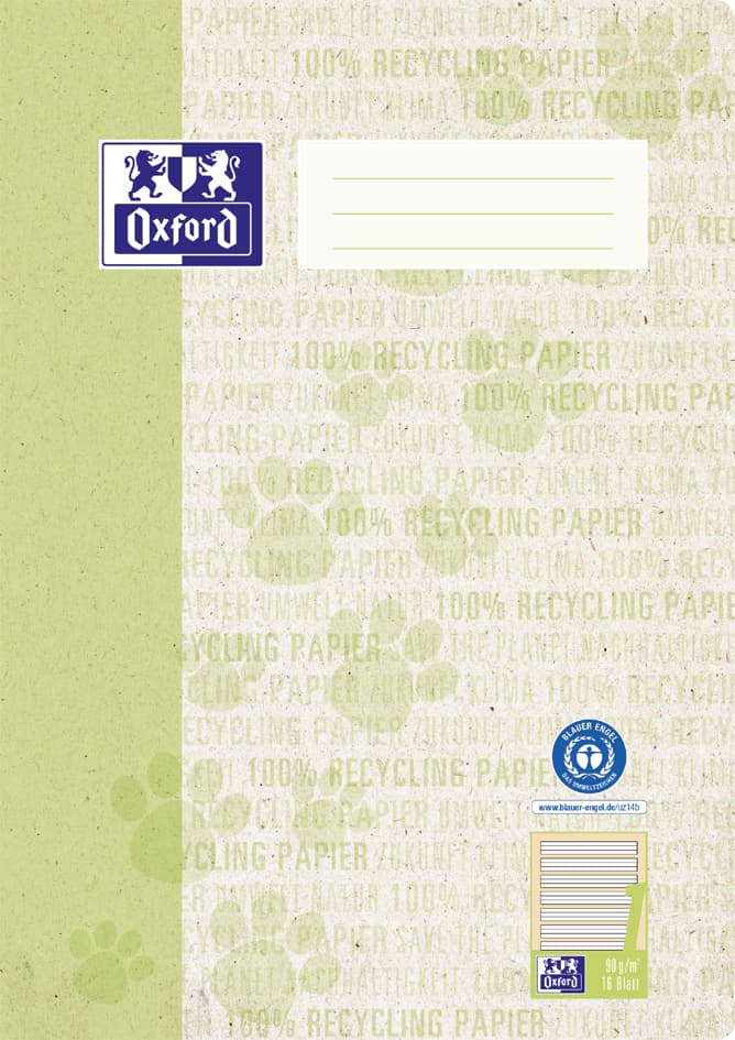 Oxford Schulheft , Recycling, , Din A4, 16 Blatt, Lineatur 3