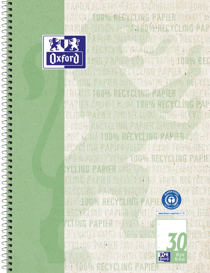 Oxford Collegeblock , Recycling, , Din A4+, 80 Blatt, Blanko