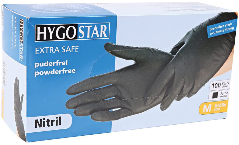 Hygostar Nitril-Handschuh Extra Safe, M, Schwarz, Puderfrei