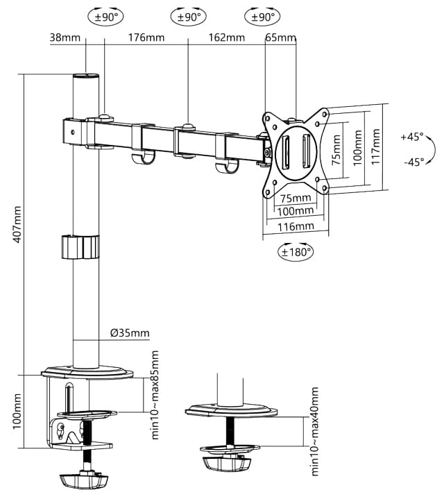 Logilink Monitorhalterung, Armlänge: 376 Mm, Schwarz