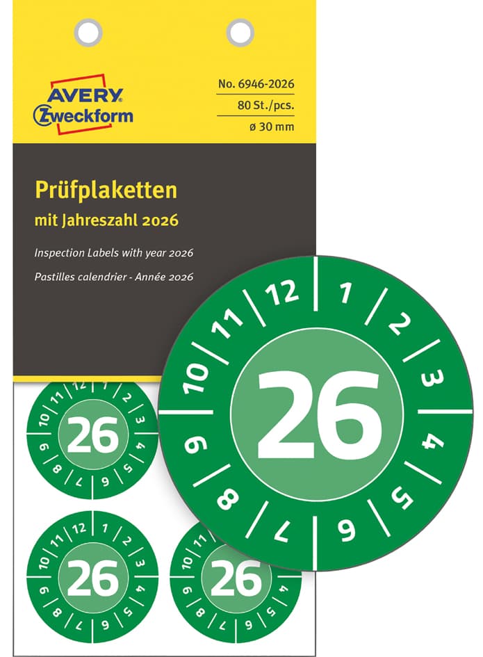 Avery Zweckform Prüfplaketten, 2026, Nopeel, Grün, 20 Mm
