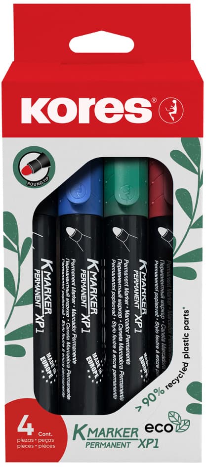 Kores Permanent-Marker , Eco Xp1, , Rundspitze, 4er Etui