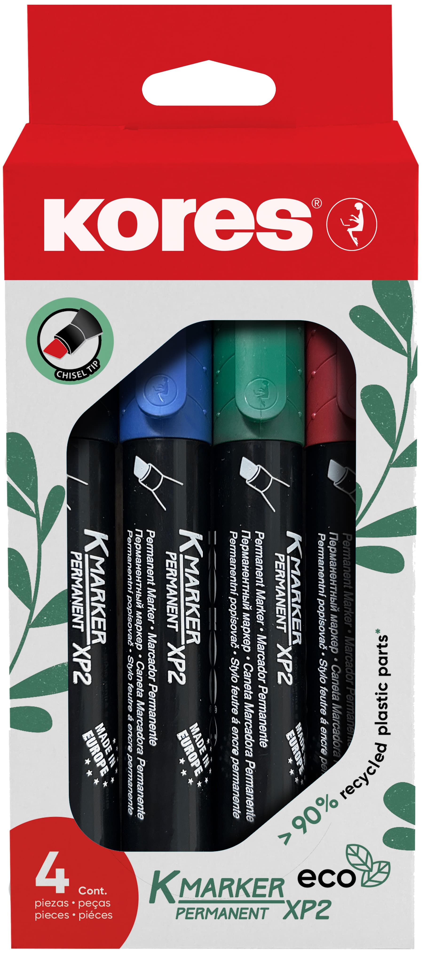 Kores Permanent-Marker , Eco Xp2, , Keilspitze, 4er Etui