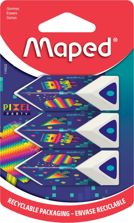 Maped Kunststoff-Radierer Pyramide Pixel Party, 3er Blister