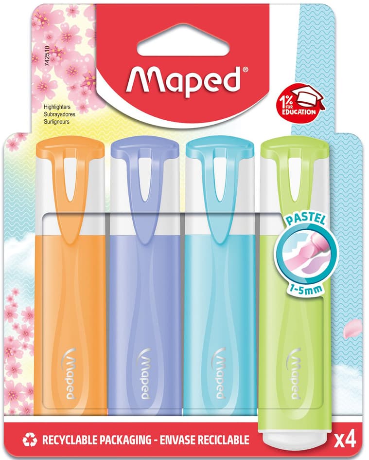 Maped Textmarker Fluo, Peps Pastel, 4er Blister