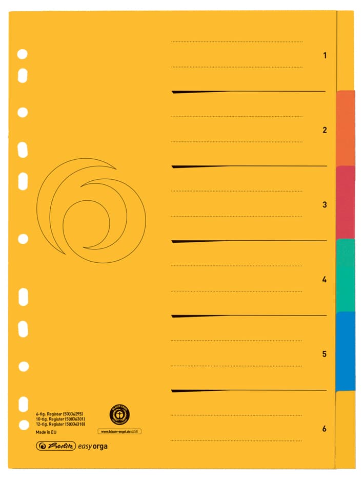 Herlitz Karton-Register, A4 Überbreite, 6-Teilig, Blanko
