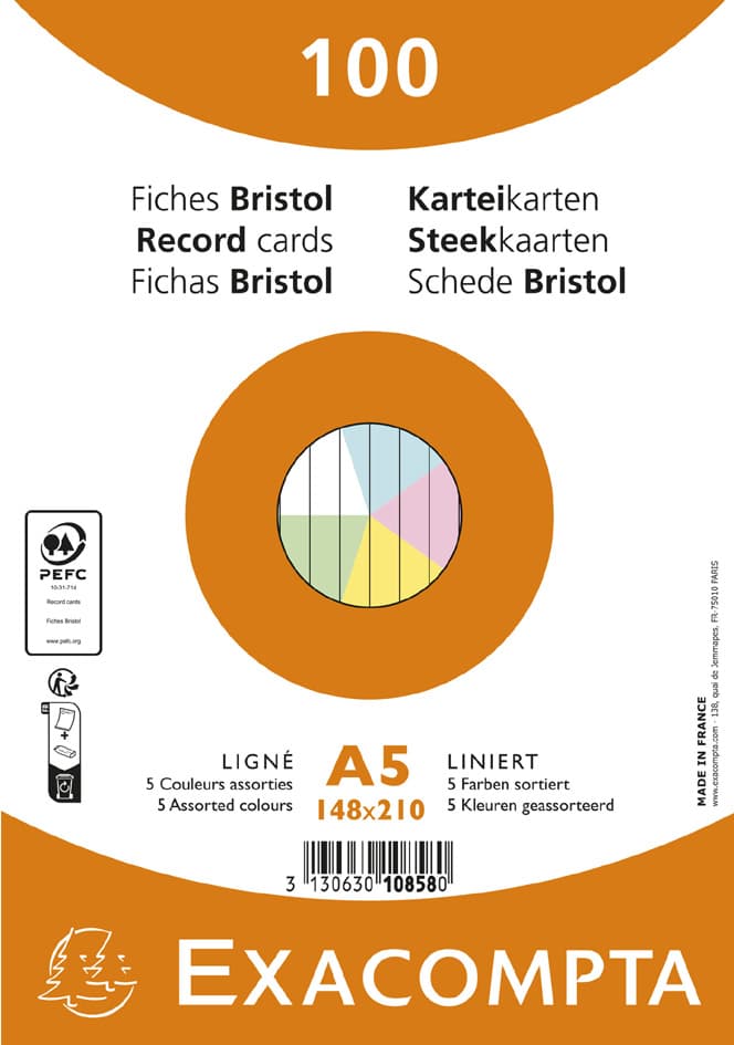 Exacompta Karteikarten, Din A5, Liniert, Farbig Sortiert