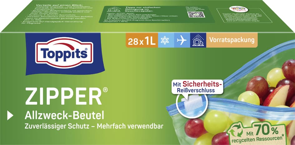 Toppits Allzweckbeutel Mit Zipper, 28 X 1 Liter, Transparent