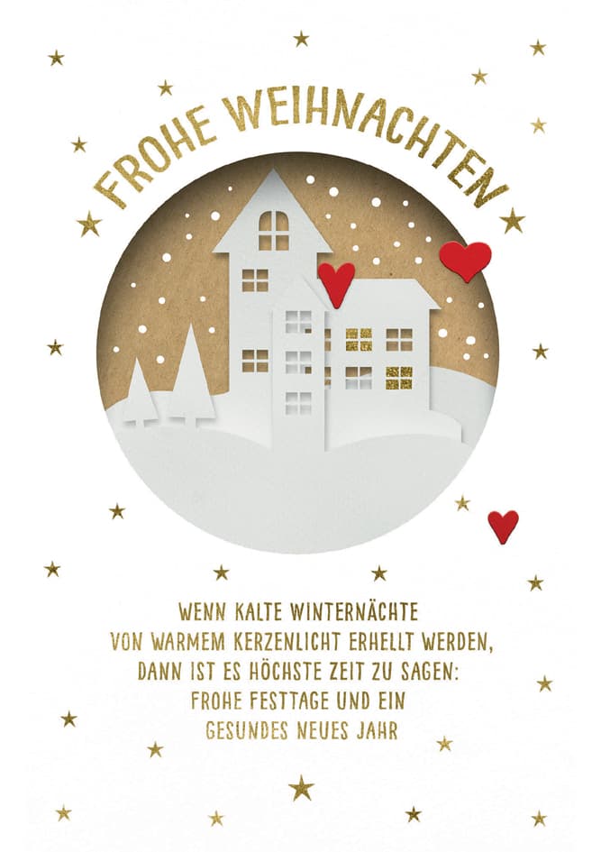 Cactus Weihnachtskarte , Häuser, Schnee & Herzen,