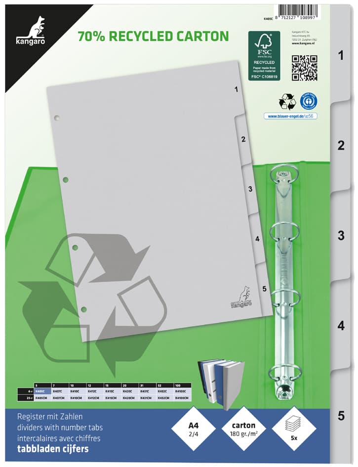 Kangaro Karton-Register Eco, Zahlen 1-5, Din A4, 5-Teilig