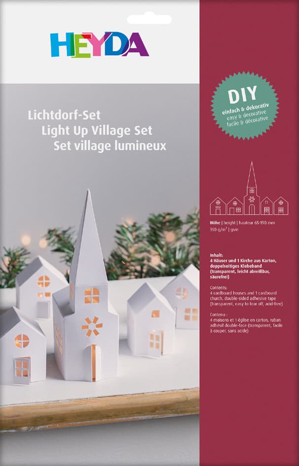 Heyda Lichtdorf-Bastelset Häuser & Kirche, Karton, 5-Teilig