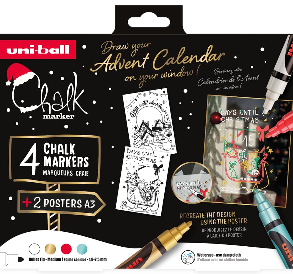 Uni-Ball Kreidemarker Chalk Marker, 4er Weihnachtsbox Tradi