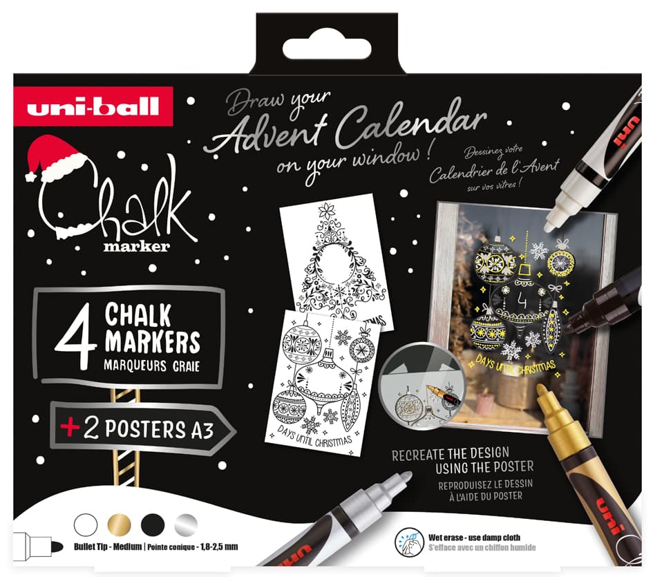Uni-Ball Kreidemarker Chalk Marker, 4er Weihnachtsbox Scandi