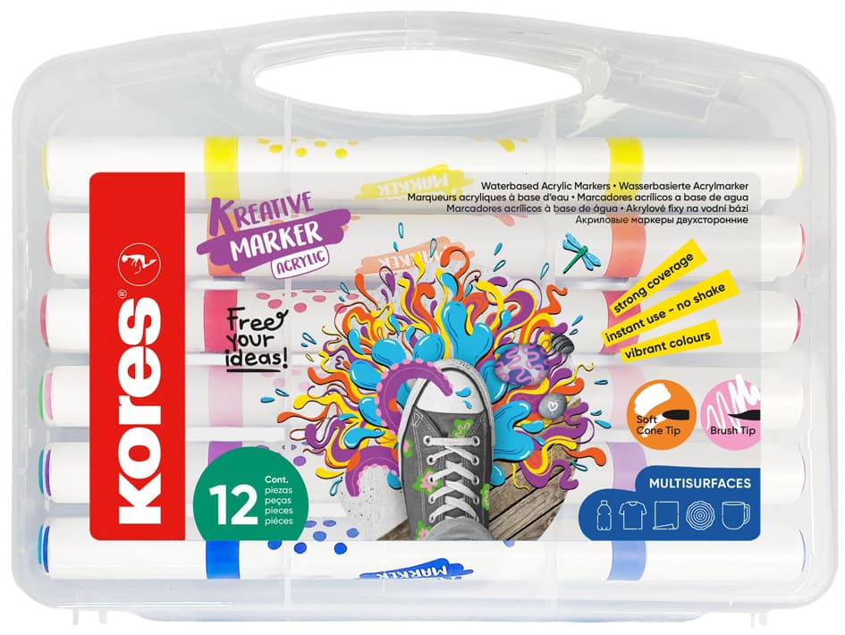 Kores Acrylmarker Duo, 2 Spitzen, 12er Etui, Farbig Sortiert
