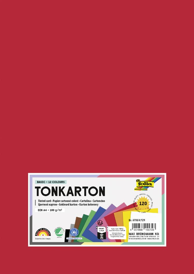 Folia Tonkarton, Din A2, 180 G/Qm, 12 Farben Sortiert