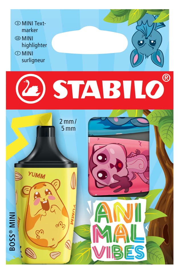 Stabilo Textmarker Boss Mini Animal Vibes, 3er Kartonetui