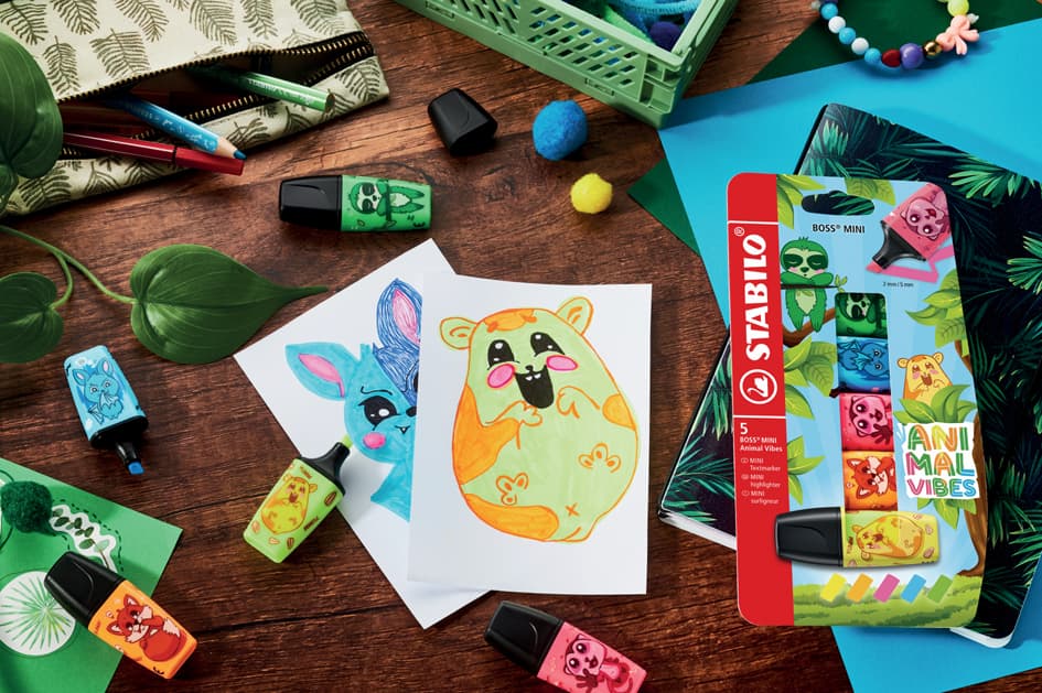 Stabilo Textmarker Boss Mini Animal Vibes, 5er Kartonetui