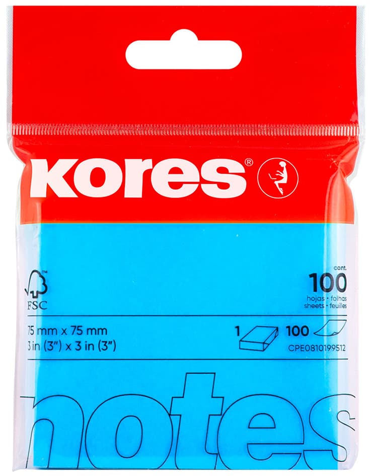 Kores Haftnotizen , Neon Notes, , 75 X 75 Mm, Blanko, Blau