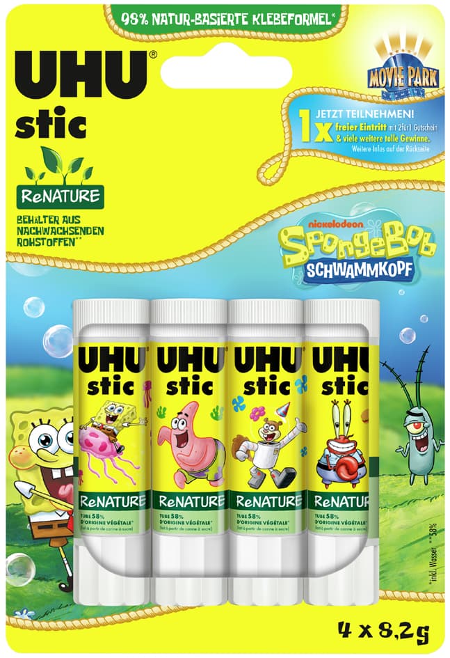 Uhu Klebestift Stic Renature Spongebob, 4 X 8,2 G, Blister