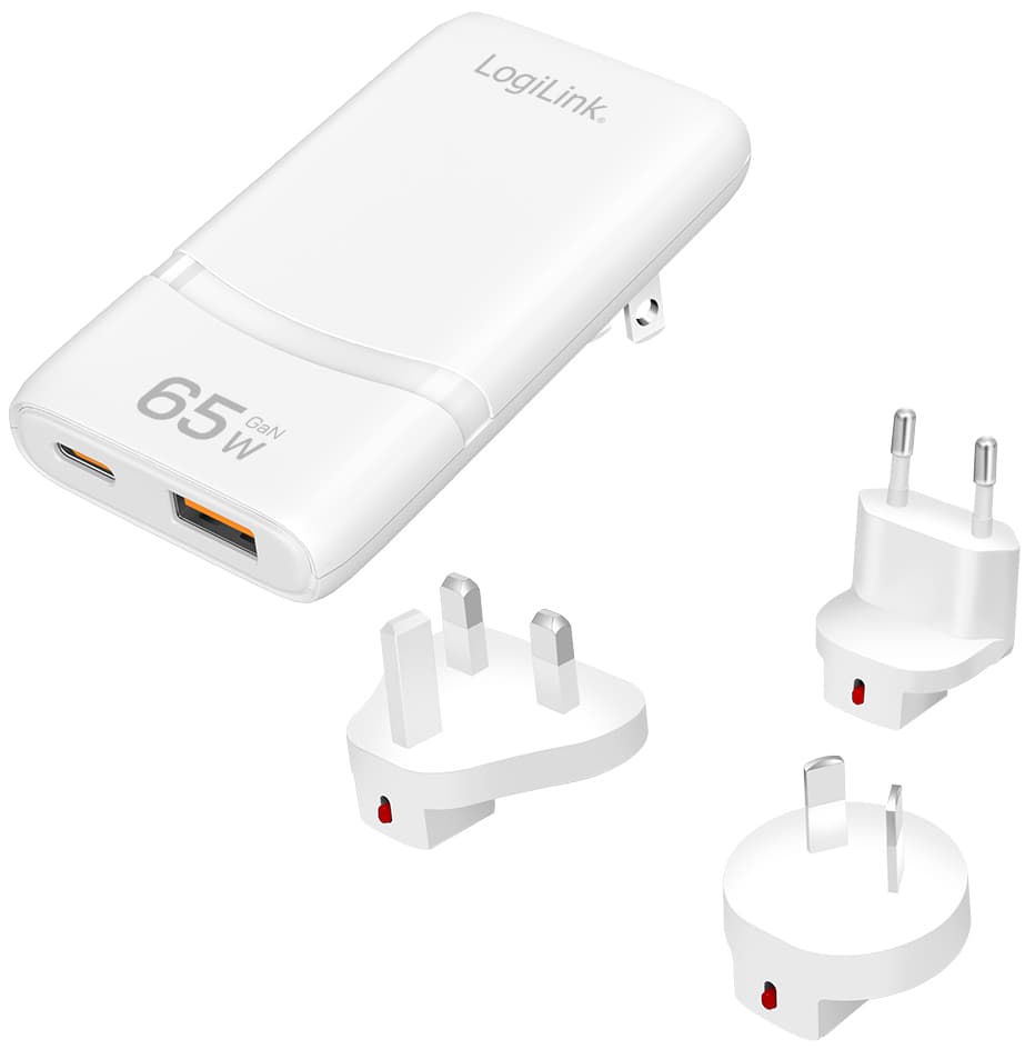 Logilink Dual-Usb Gan-Reiseladegerät, 65 Watt, Extra Schmal