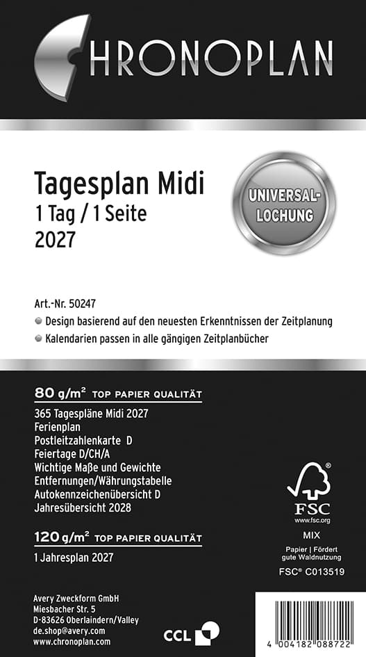 Chronoplan Tagesplan 2027, 1 Tag/1 Seite, Midi, 96 X 172 Mm