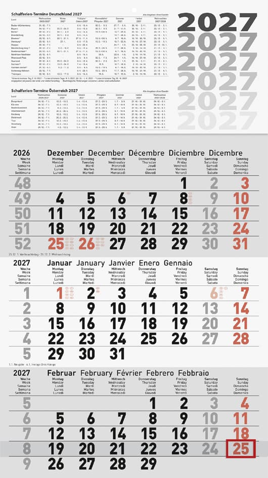 Glocken Wandkalender , 3-Monats-Kalender, , 2027, Grau