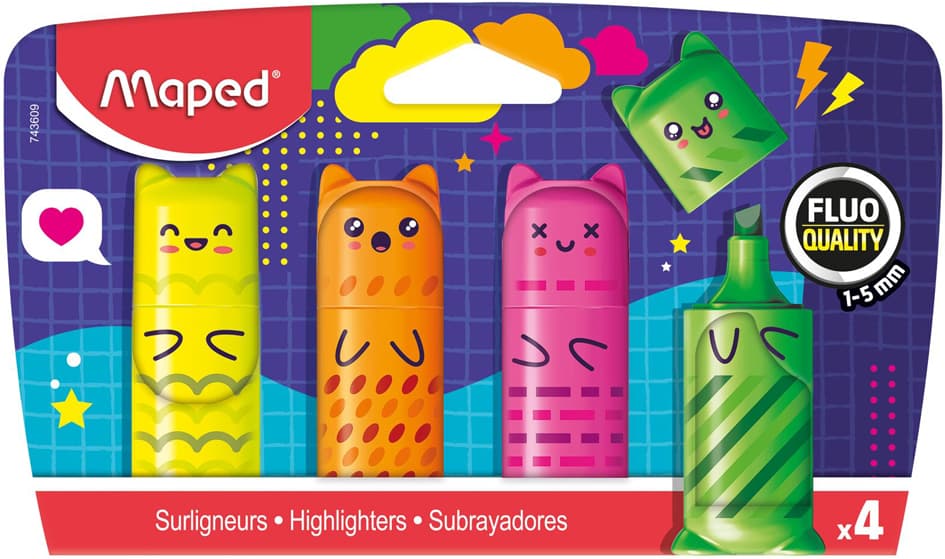 Maped Textmarker Mini Fluo, Peps Kawai, 4er Blister