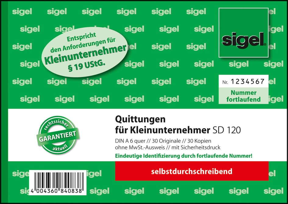 Sigel Formularbuch , Quittung,  Für Kleinunternehmer