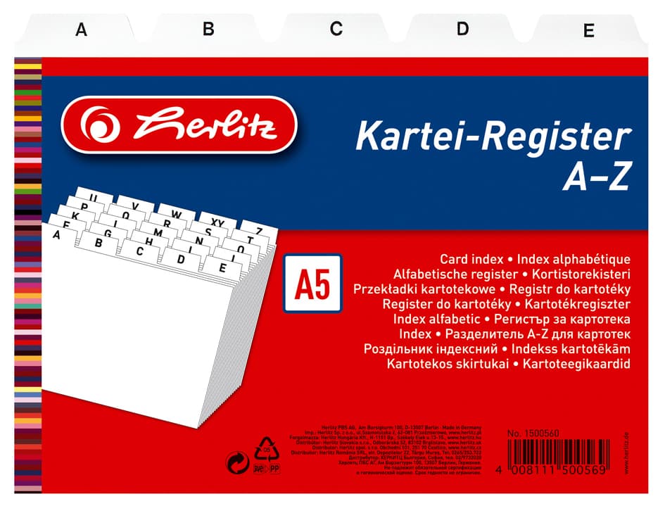 Herlitz Karteiregister A - Z, Pp, A6 Quer, Weiß, 24-Teilig