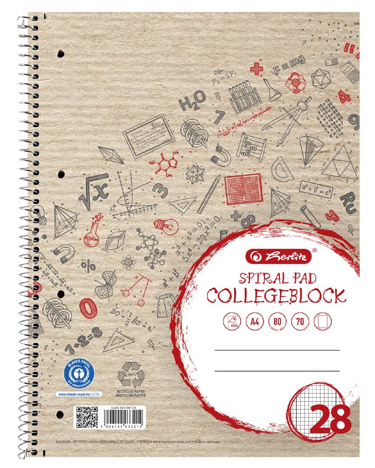 Herlitz Collegeblock , Recycling,  Din A4, Kariert, 80 Blatt